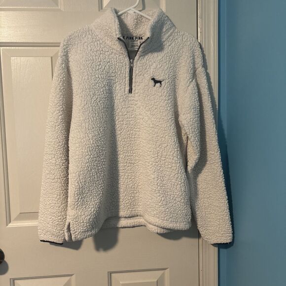 Victoria Secret PINK Women’s 1/4 Zip Fleece Pullover Size Small Cream Color - Picture 1 of 6